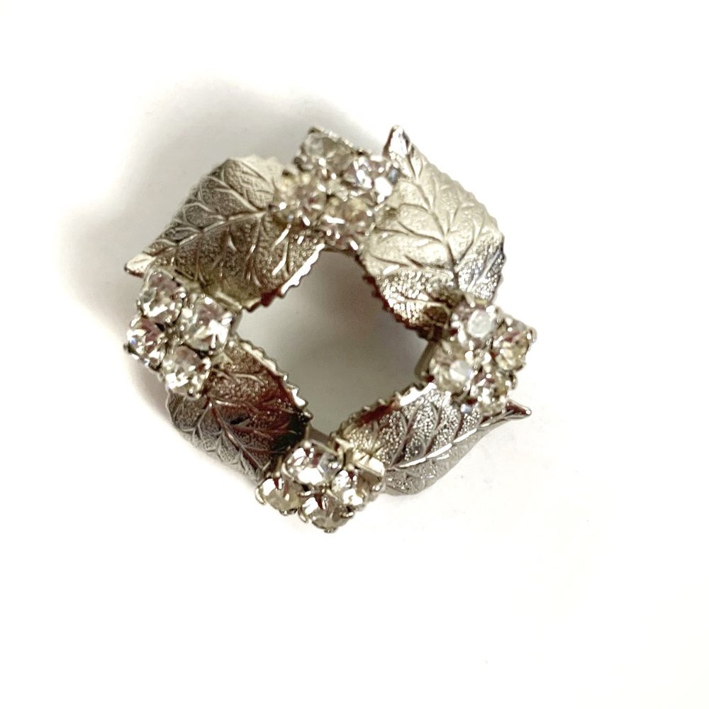 Brushed Silver Leaf Rhinestone Wreath Brooch